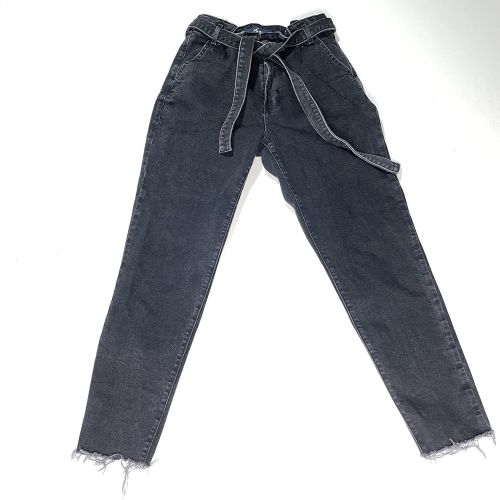 Hollister Women's Jeans Ultra High Rise Mom Fit Size 3R Black Raw Hem Tie Waist